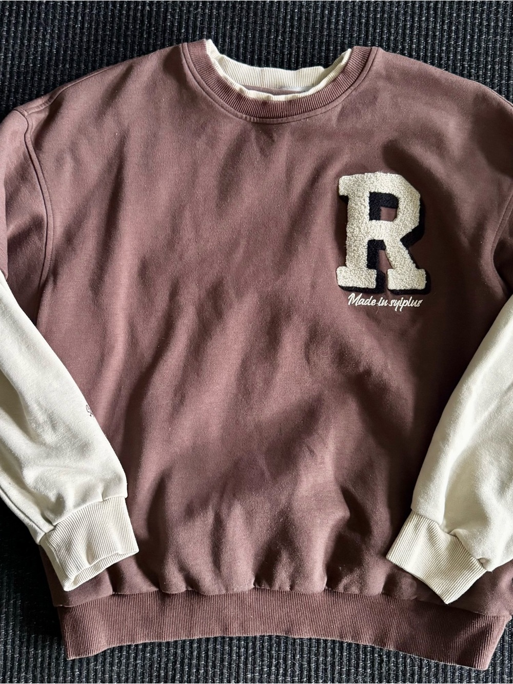 Aelfric Eden Brown Flocked Varsity Crewneck Sweatshirt with Cream Sleeves